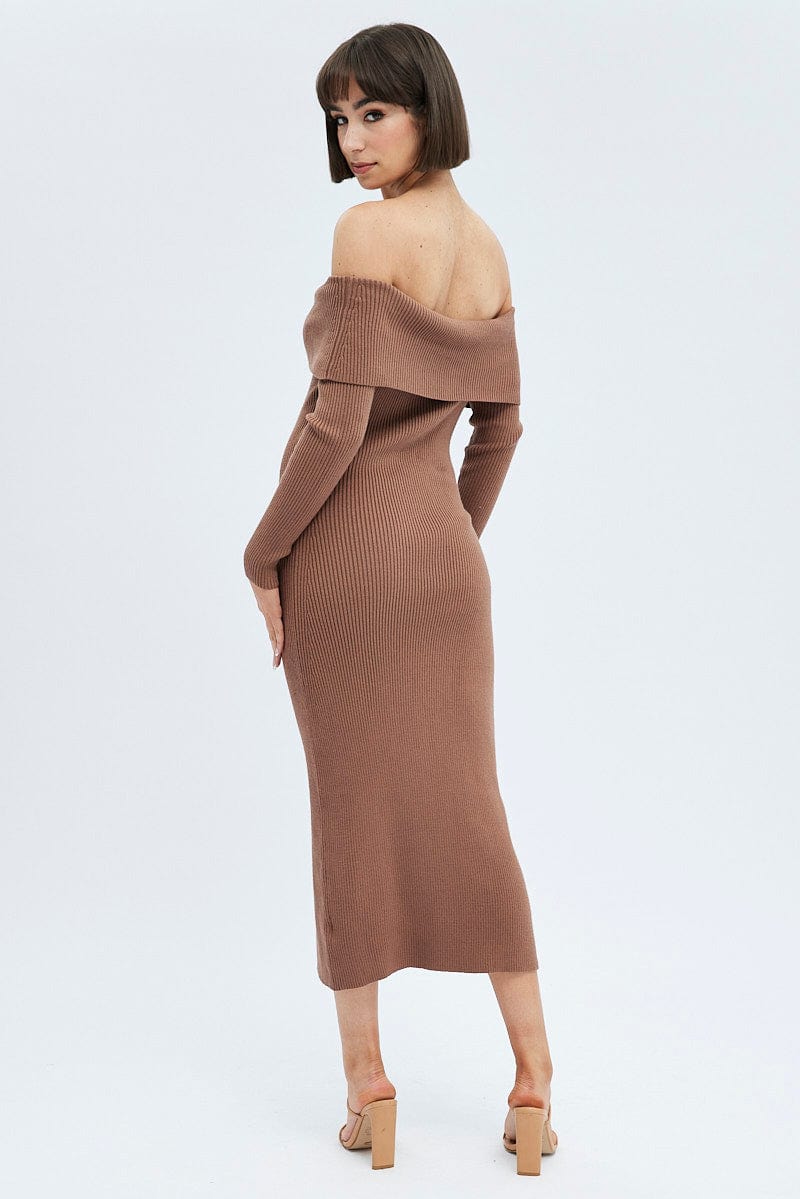 Brown Midi Dress Long Sleeve Off Shoulder Bardot Knit - Image 5
