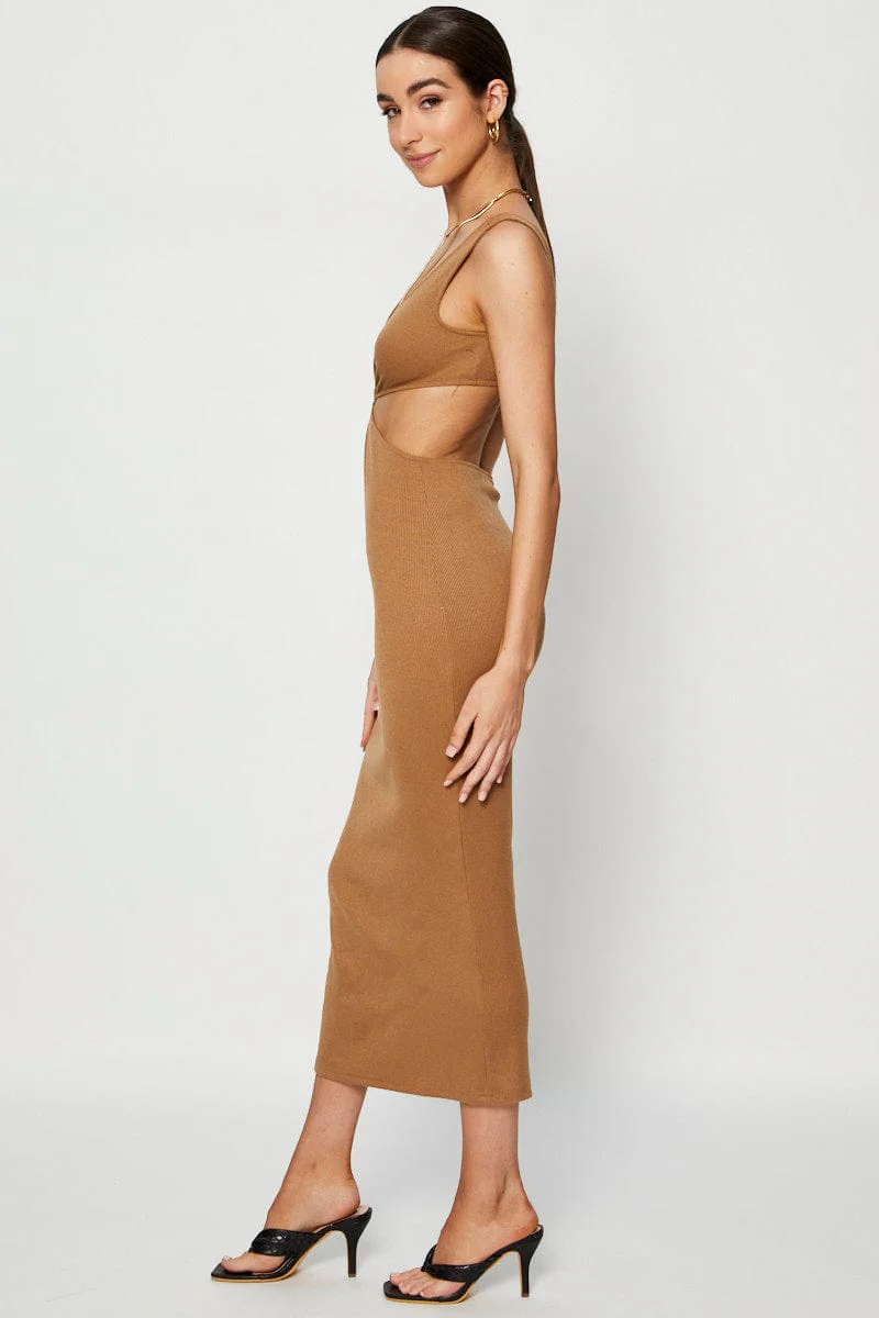 Brown Midi Dress Ribbed Cut Out - Image 4