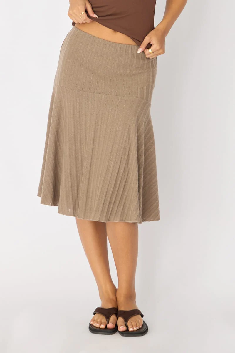 Brown Midi Skirt Elastic Waist Jacquard Rib Knit Lined - Image 3