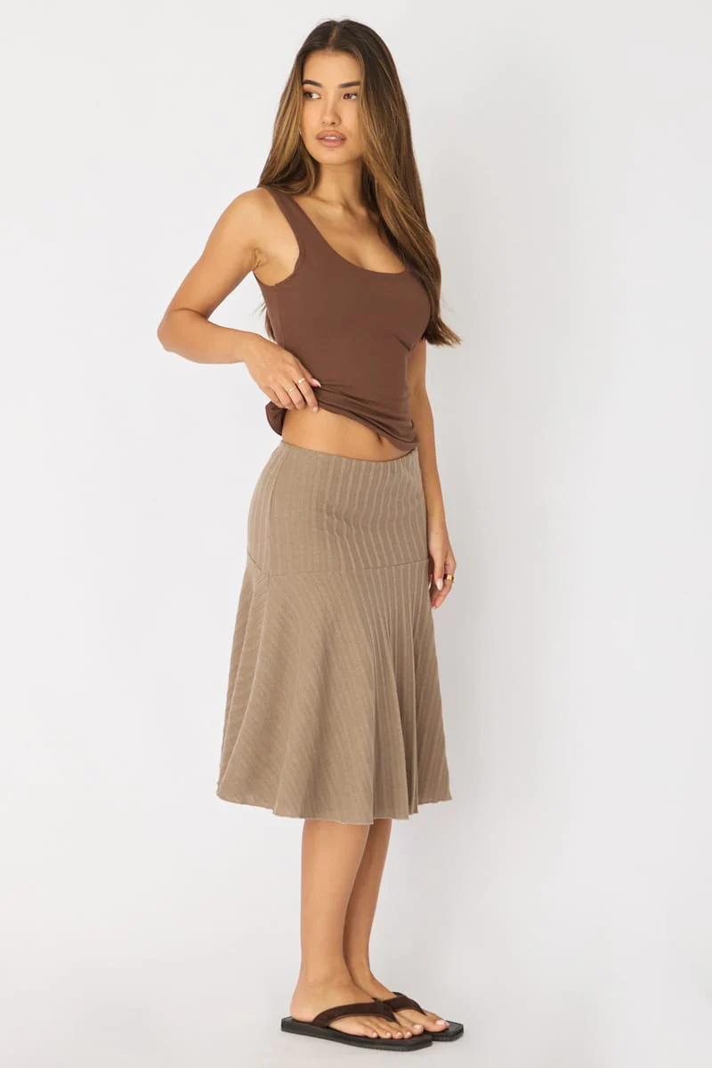 Brown Midi Skirt Elastic Waist Jacquard Rib Knit Lined - Image 4