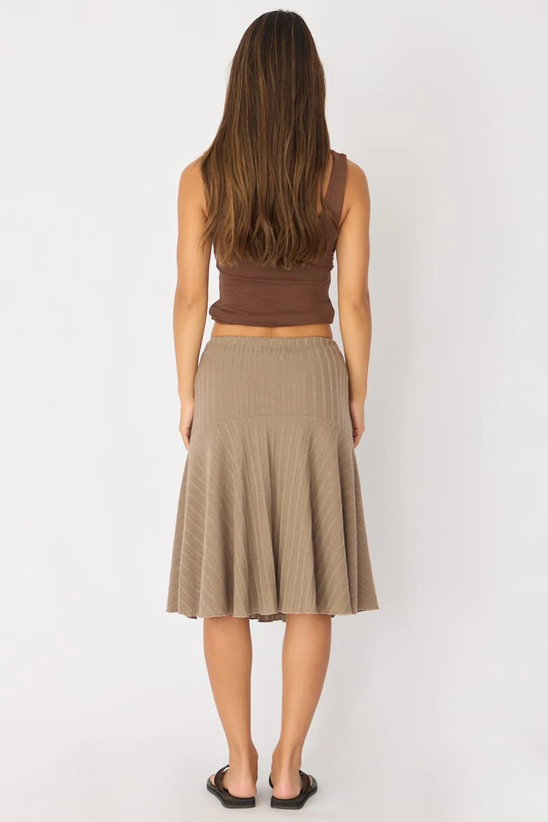 Brown Midi Skirt Elastic Waist Jacquard Rib Knit Lined - Image 5