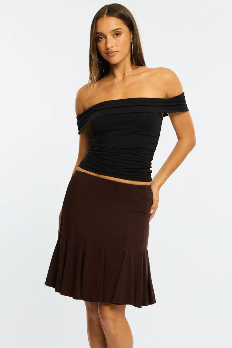 Brown Midi Skirt Elastic Waist Knee Length Brushed Lined