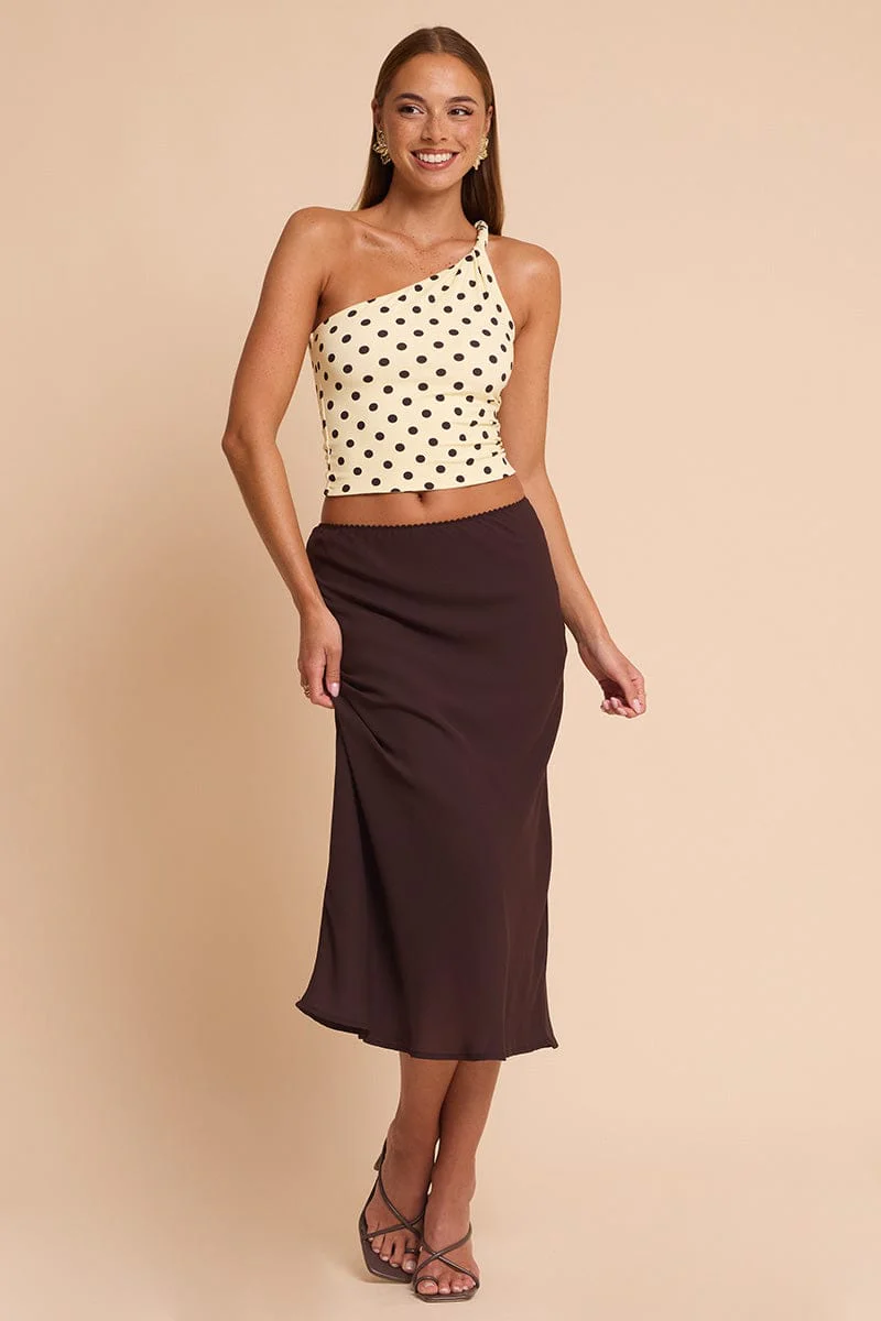 Brown Midi Skirt Mid Rise Chiffon Lined
