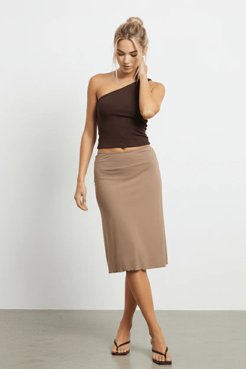 Brown Midi Skirt Mid Rise Lined