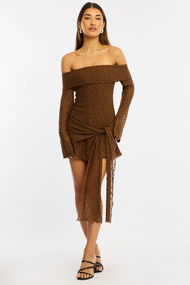 Brown Off Shoulder Dress Long Sleeve - Image 3