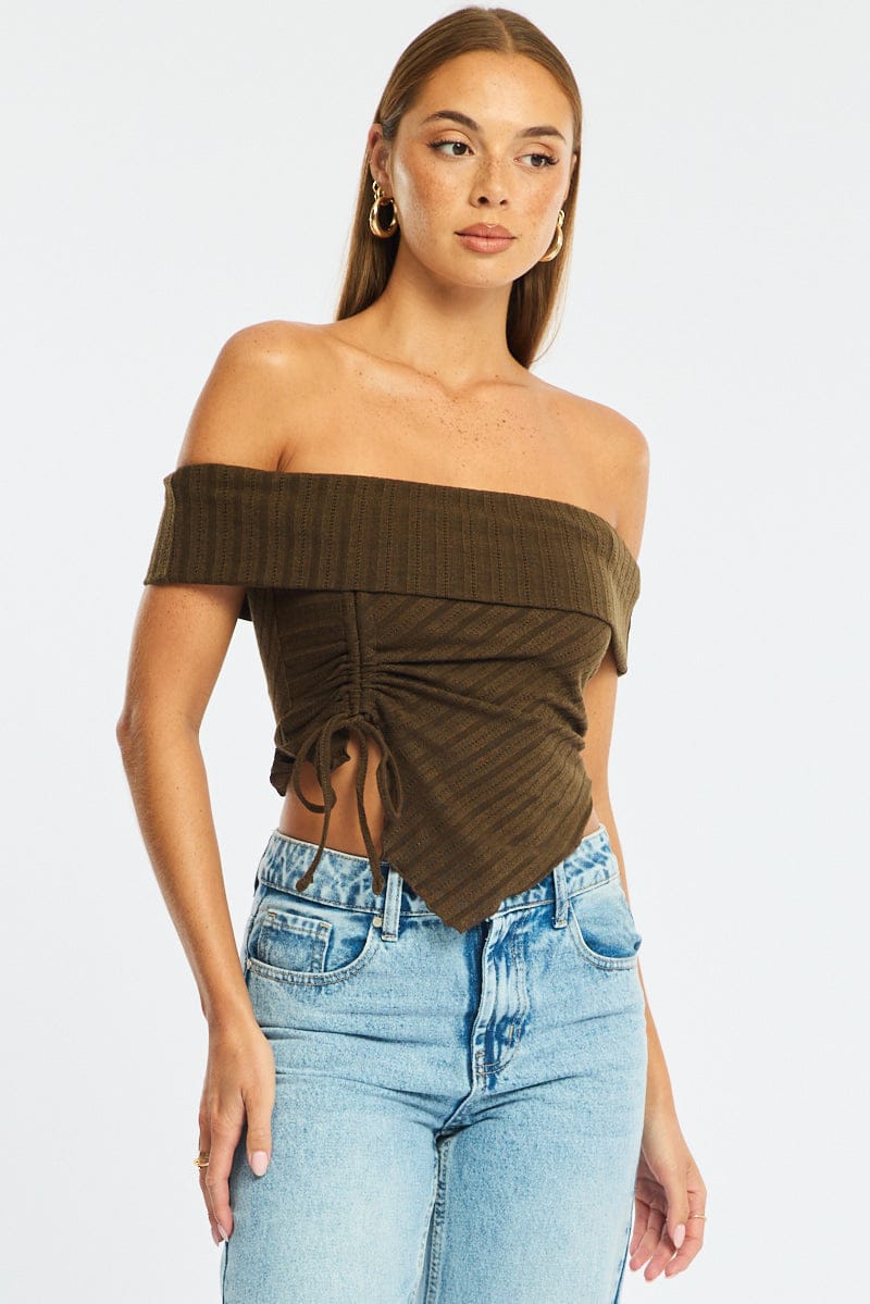 Brown Off Shoulder Knit Ruched Hem - Image 3