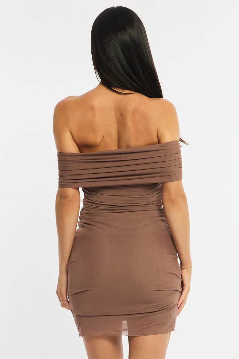 Brown Off The Shoulder Mesh Mini Dress - Image 6
