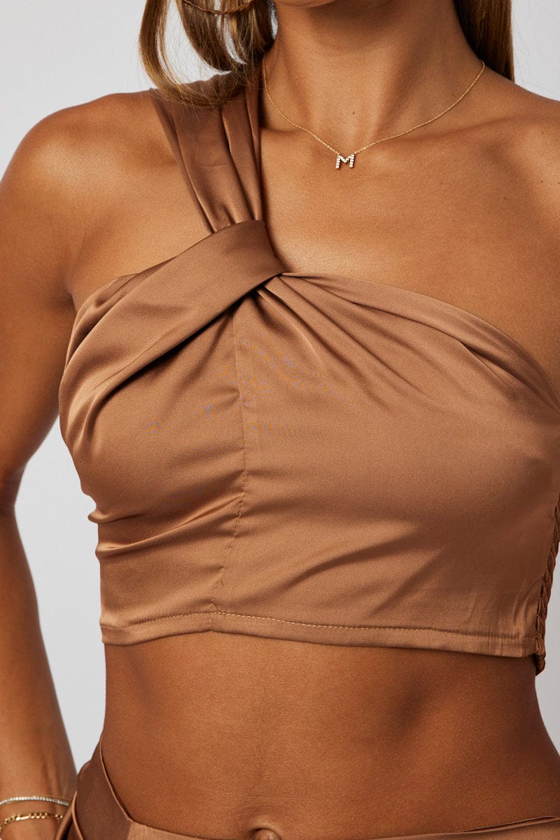 Brown One Shoulder Crop Top Twist Satin - Image 6