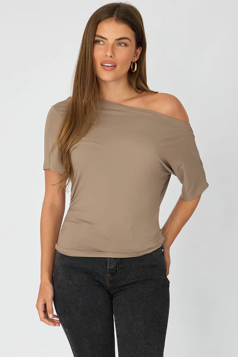 Brown One Shoulder Top Short Sleeve - Image 4