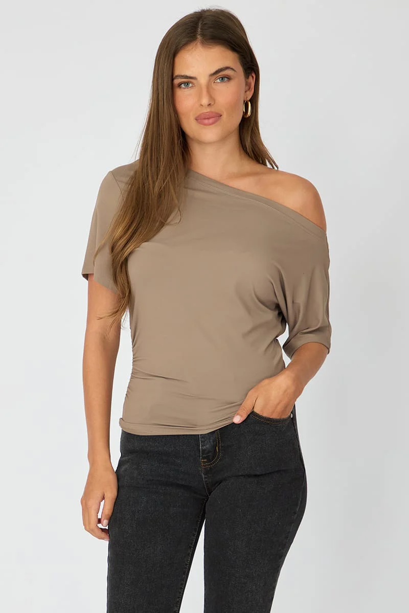 Brown One Shoulder Top Short Sleeve - Image 5