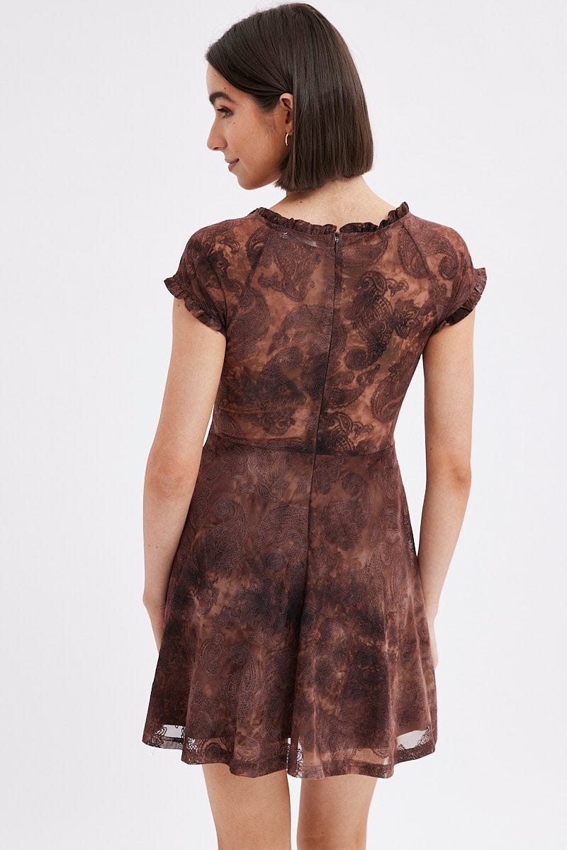 Brown Paisley Mini Dress Short Sleeve Scoop Neck Fit & Flare - Image 5
