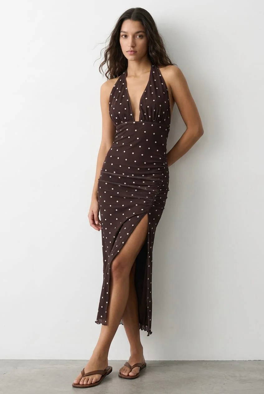 Brown Polka Dot Bodycon Dress Mesh
