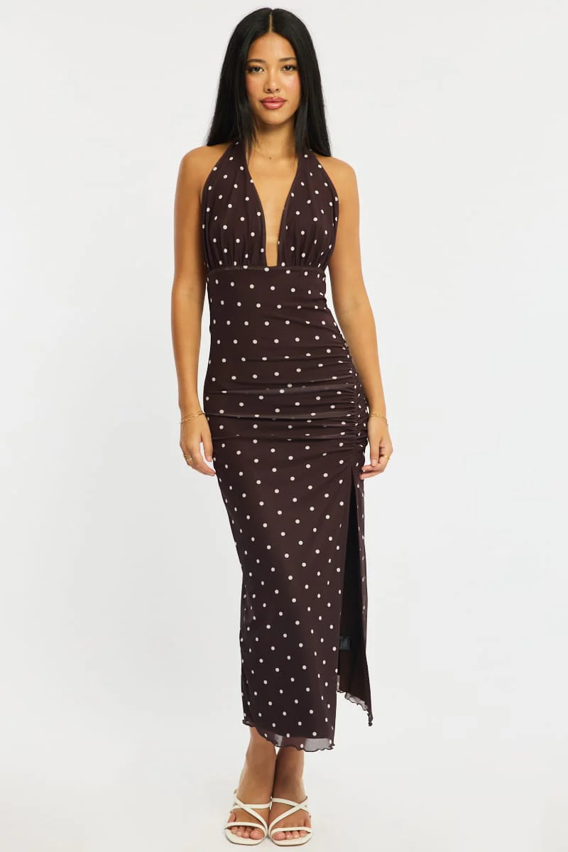 Brown Polka Dot Bodycon Dress Mesh - Image 2