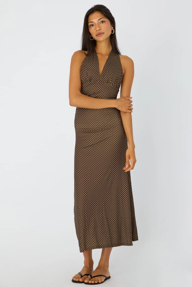 Brown Polka Dot Halter Neck Midi Dress - Image 4