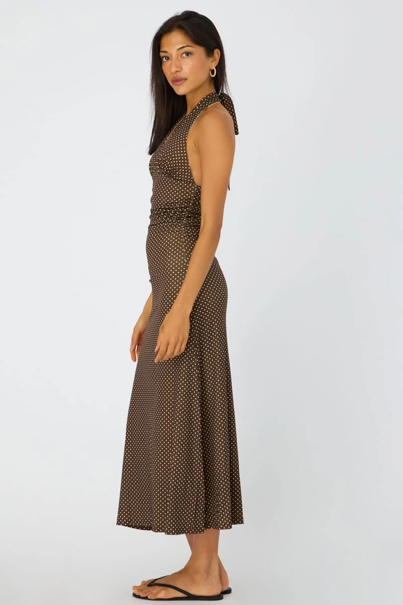 Brown Polka Dot Halter Neck Midi Dress - Image 5