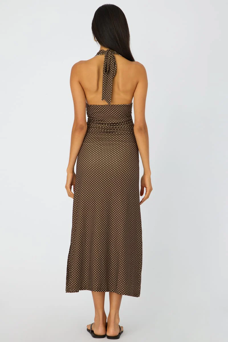 Brown Polka Dot Halter Neck Midi Dress - Image 6
