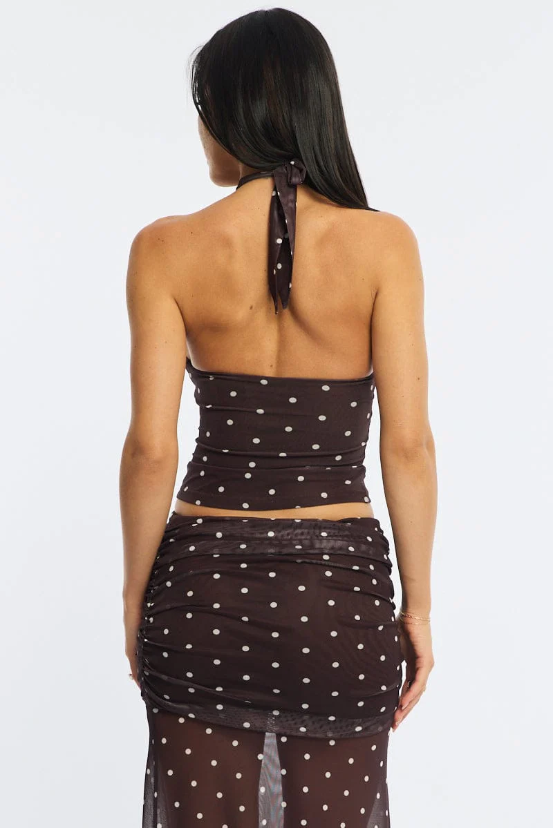 Brown Polka Dot Halter Neck Top Mesh - Image 6
