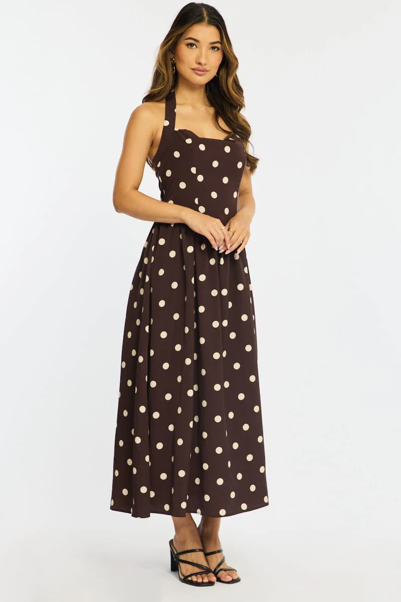 Brown Polka Dot Maxi Dress Halter Neck - Image 4