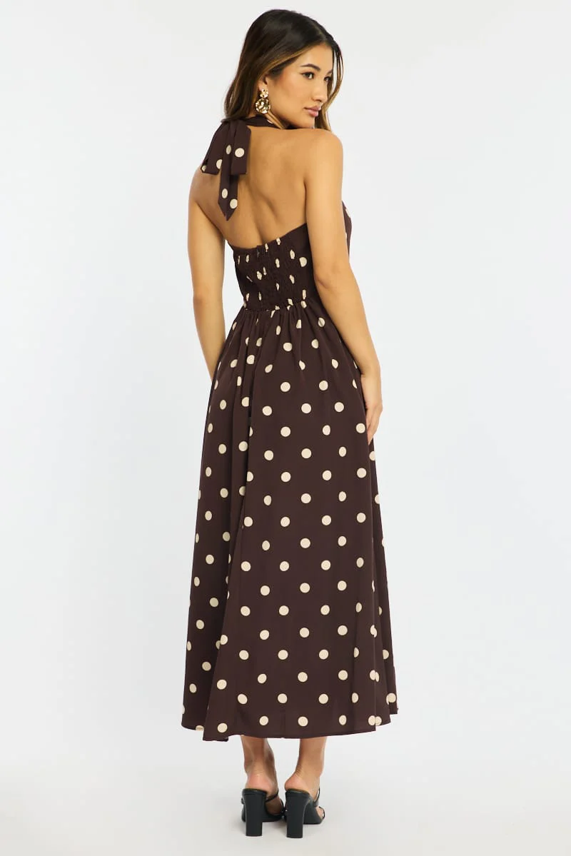 Brown Polka Dot Maxi Dress Halter Neck - Image 6