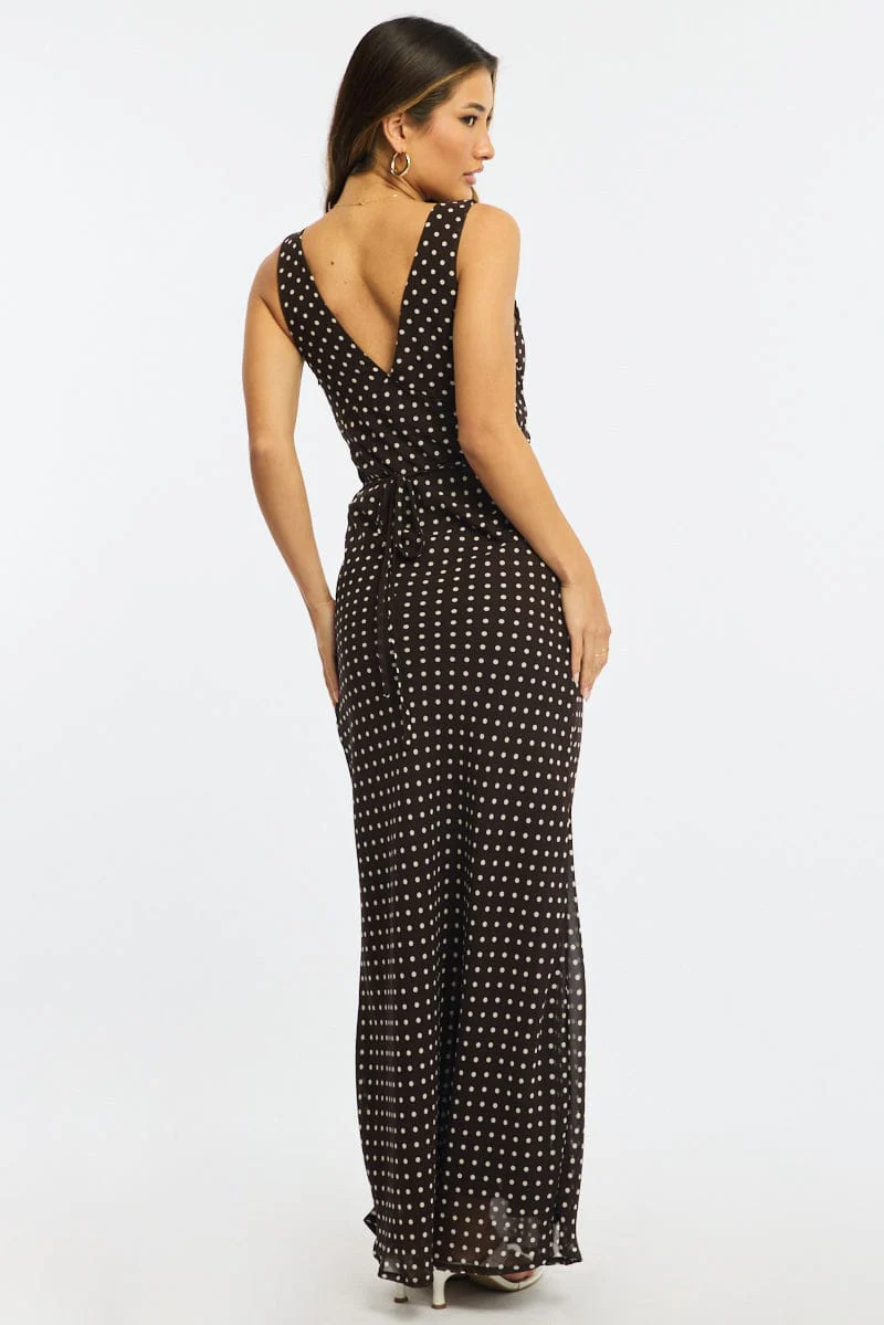 Brown Polka Dot Maxi Dress V-neck Chiffon - Image 4