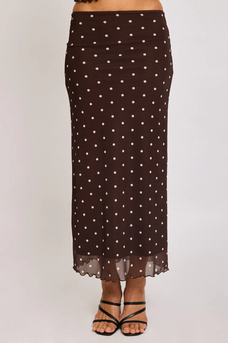 Brown Polka Dot Mesh Skirt Elasticated Picot Trim Midaxi - Image 2