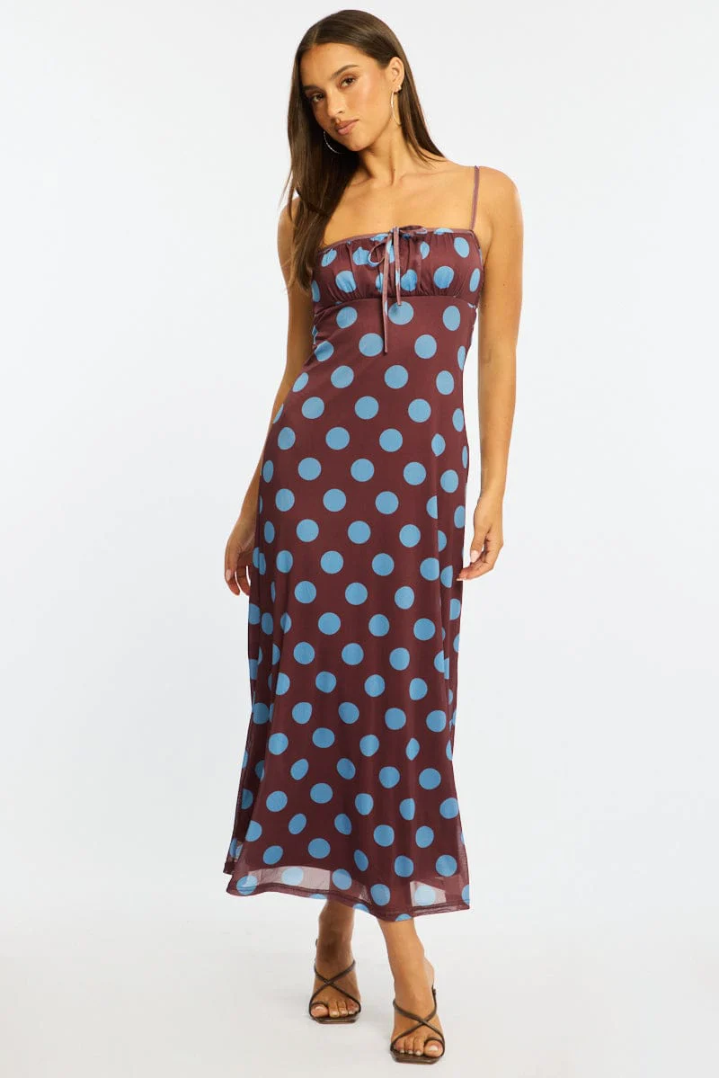Brown Polka Dot Midi Dress Strappy - Image 3