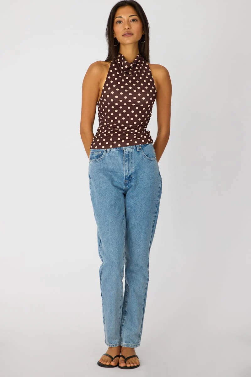 Brown Polka Dot Supersoft Halter Neck Top - Image 3