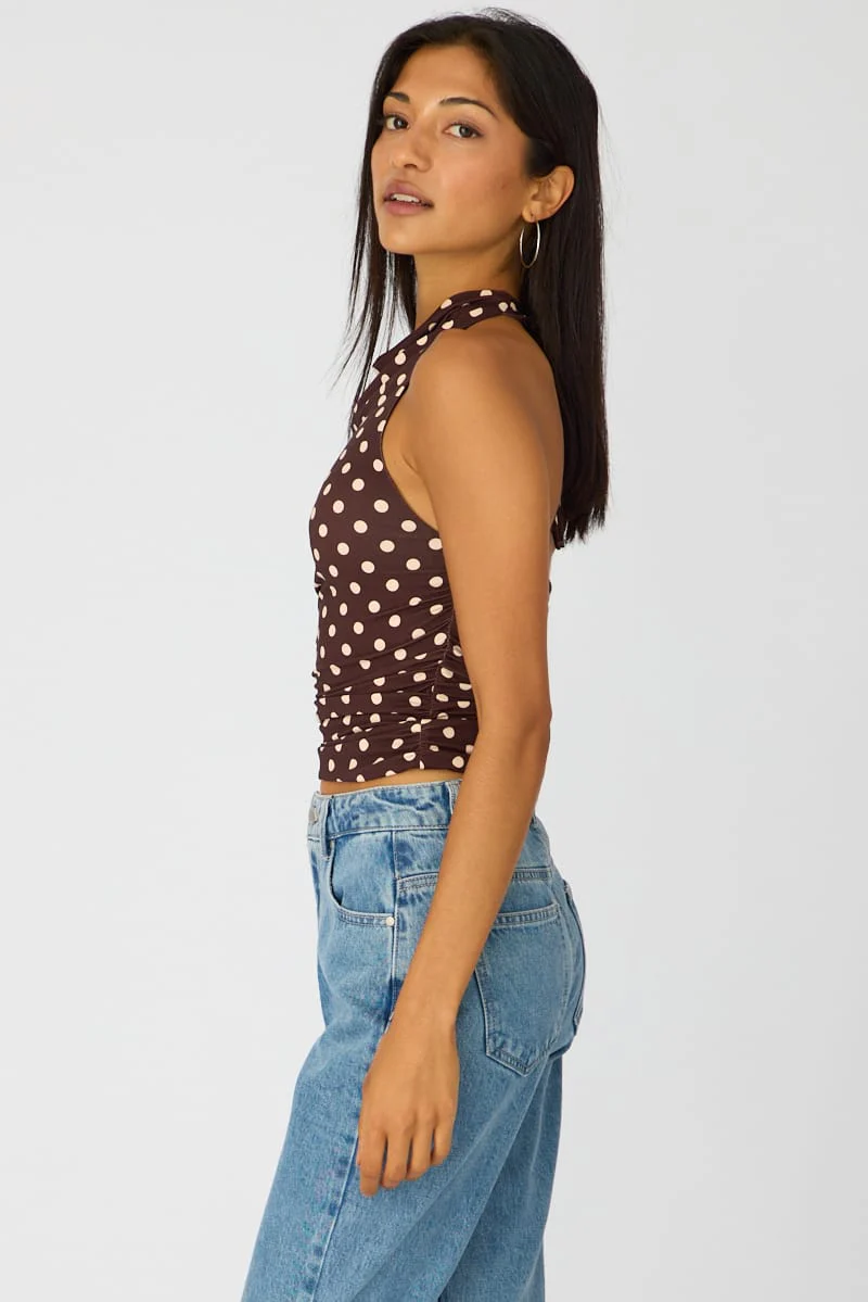Brown Polka Dot Supersoft Halter Neck Top - Image 4
