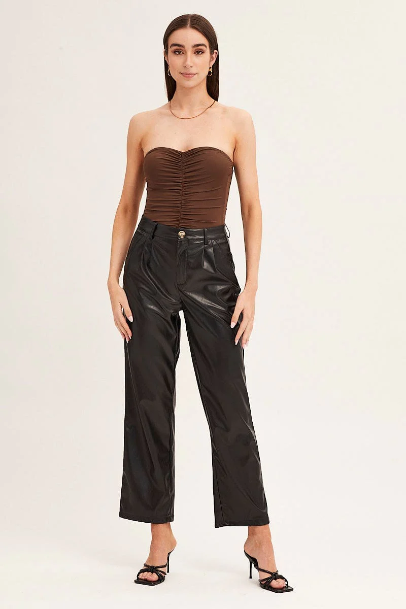 Brown Ruched Front Strapless Bodysuit - Image 3