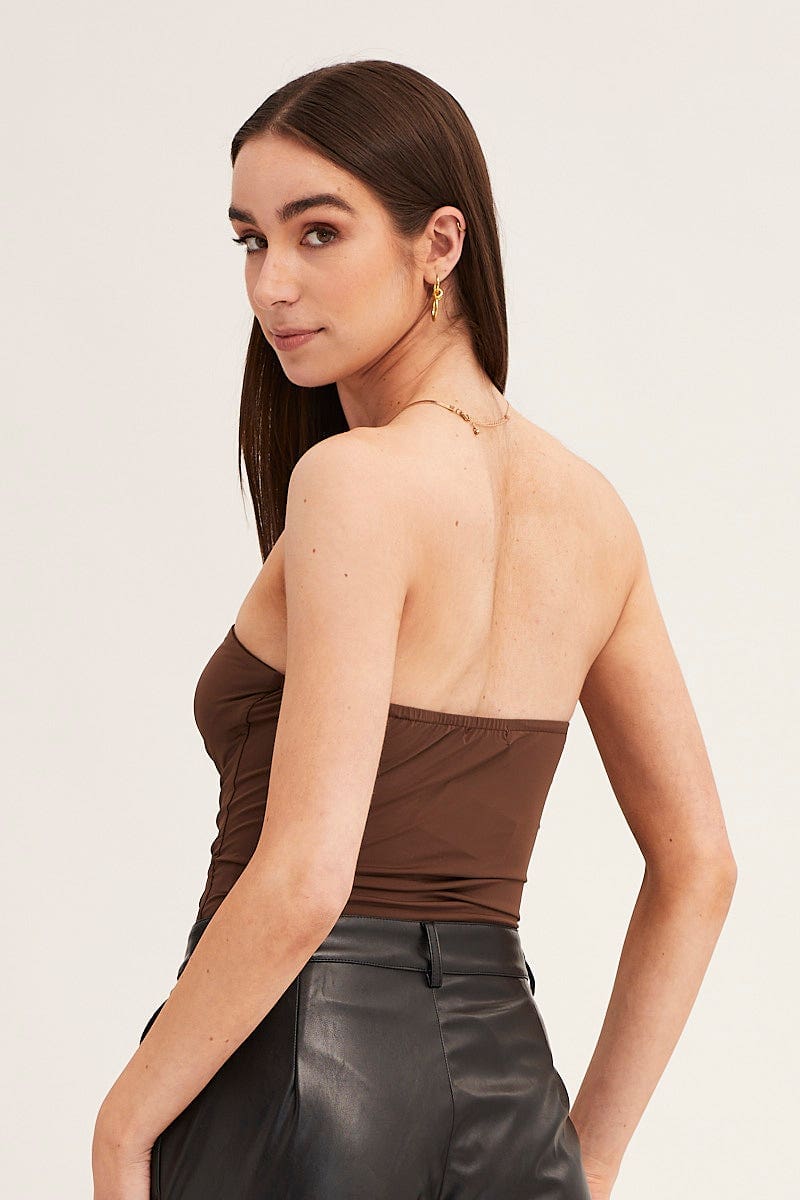 Brown Ruched Front Strapless Bodysuit - Image 5