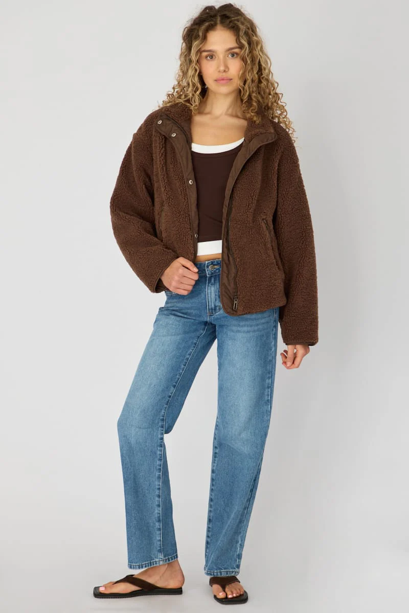 Brown Sherpa High Neck Jacket Teddy - Image 3