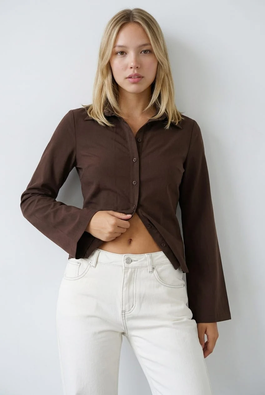 Brown Shirt Long Sleeve Collared Button Up