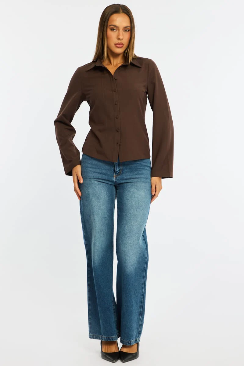 Brown Shirt Long Sleeve Collared Button Up - Image 3