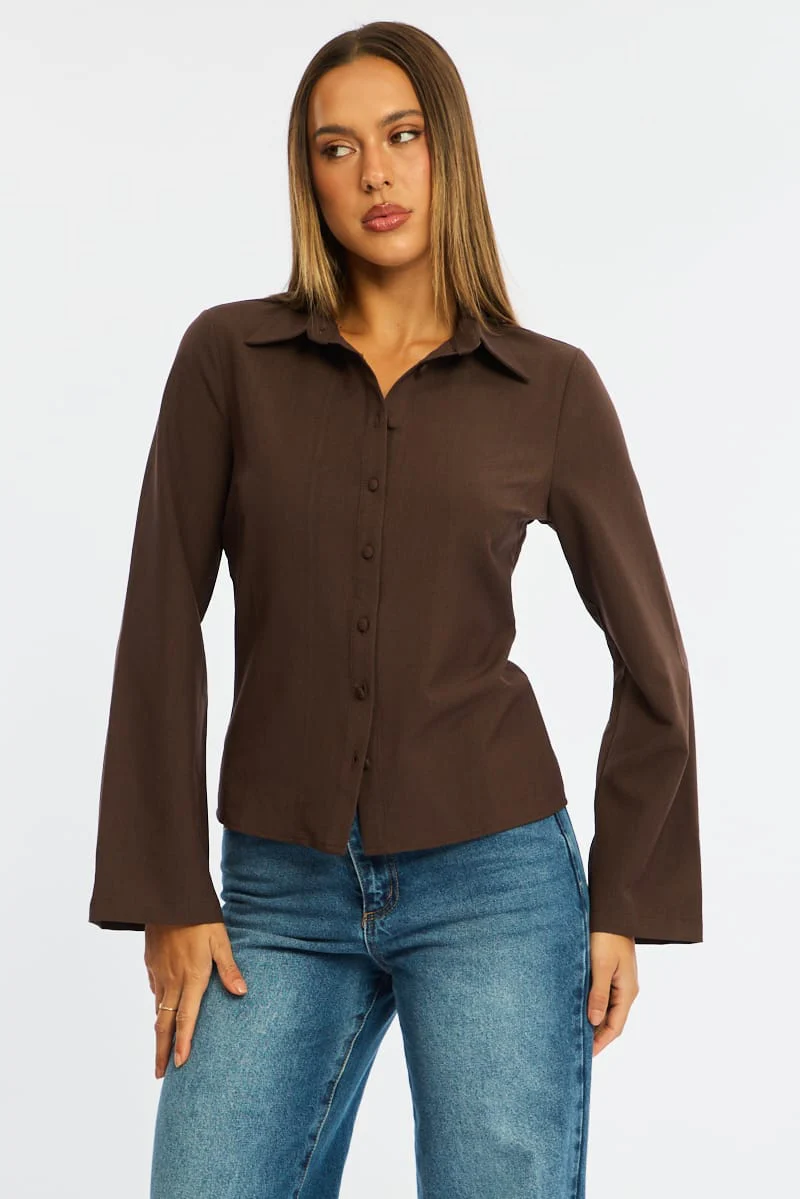 Brown Shirt Long Sleeve Collared Button Up - Image 4