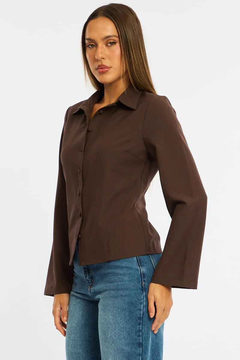 Brown Shirt Long Sleeve Collared Button Up - Image 5