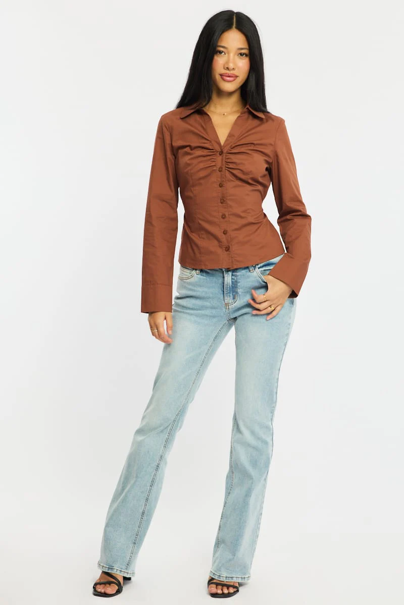 Brown Skinny Fit Long Sleeve Collared Shirt