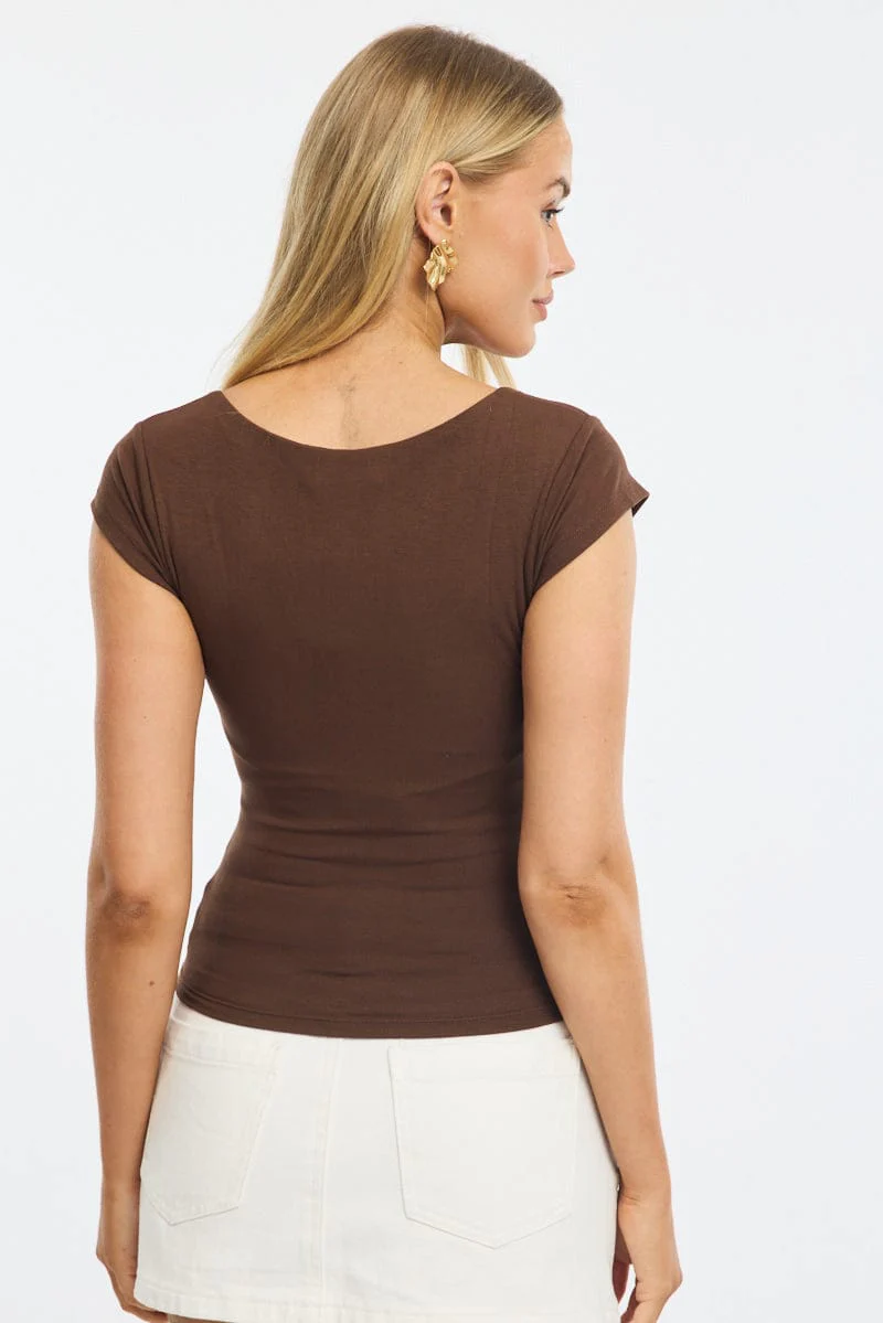 Brown Square Neck T-shirt Cap Sleeve - Image 4