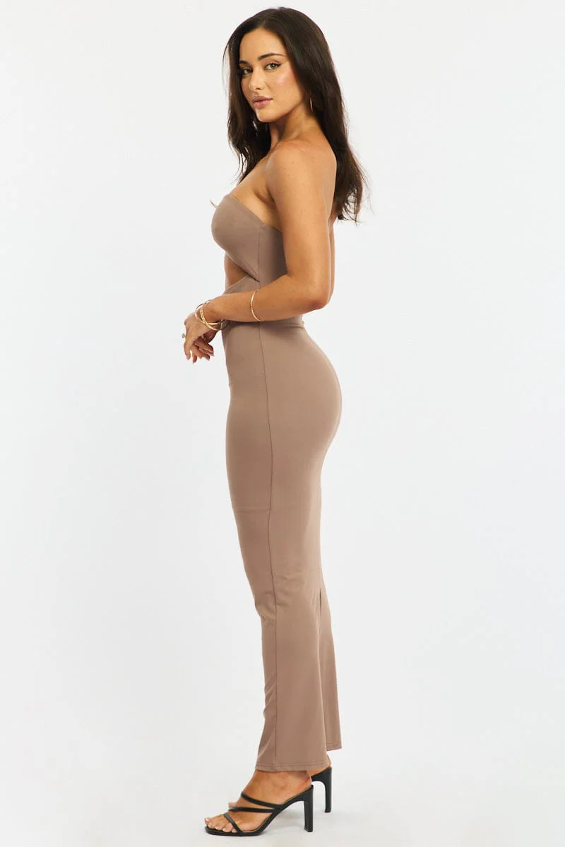 Brown Strapless Midi Bodycon Dress - Image 3
