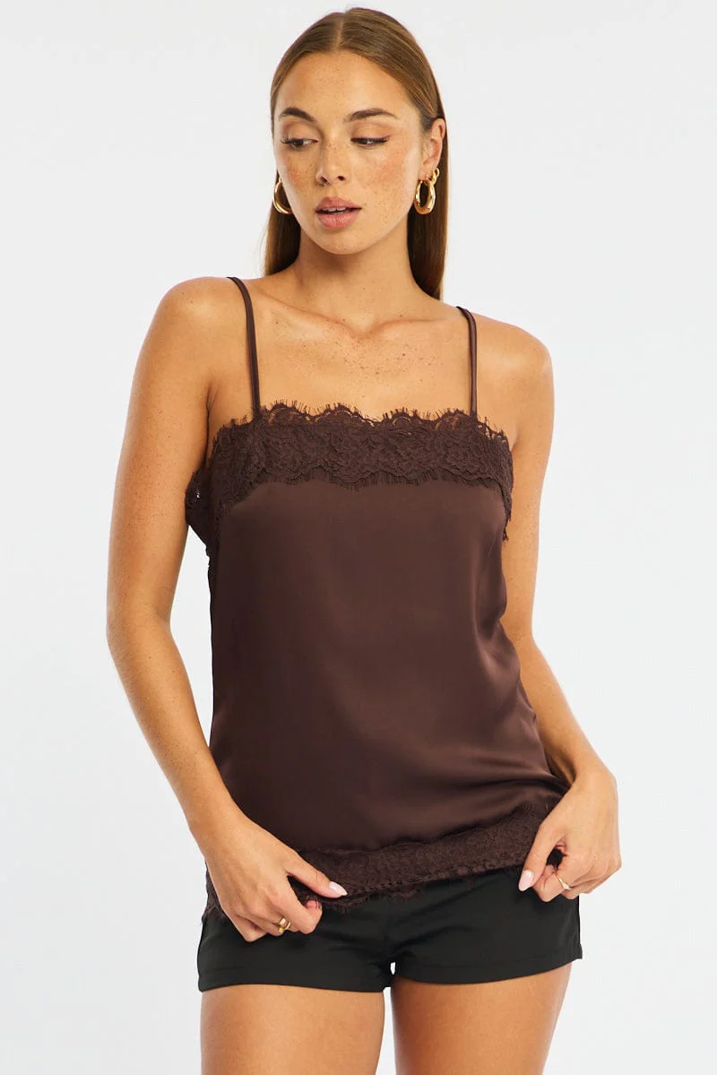 Brown Strappy Satin Lace Trim Cami - Image 3