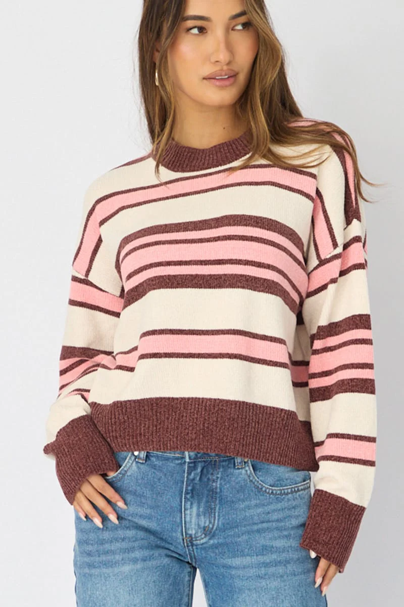Brown Stripe Chenille Stripe Knit Sweater - Image 2
