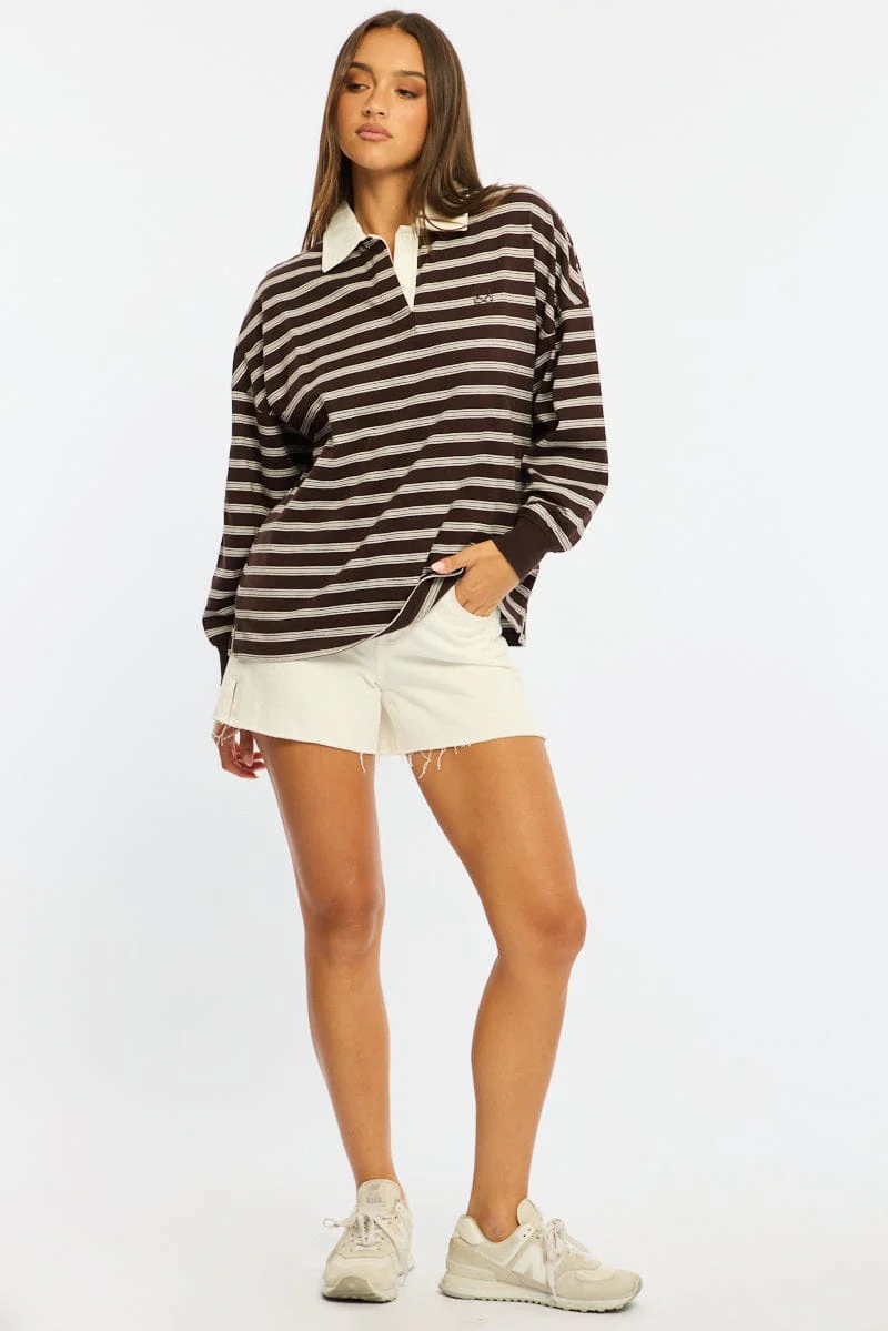 Brown Stripe Collared Top Long Sleeve - Image 2