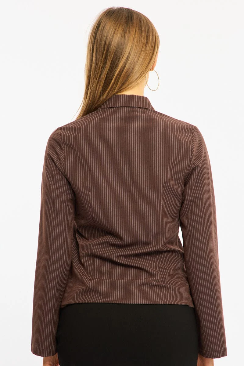 Brown Stripe Long Sleeve Pinstripe Shirt - Image 4