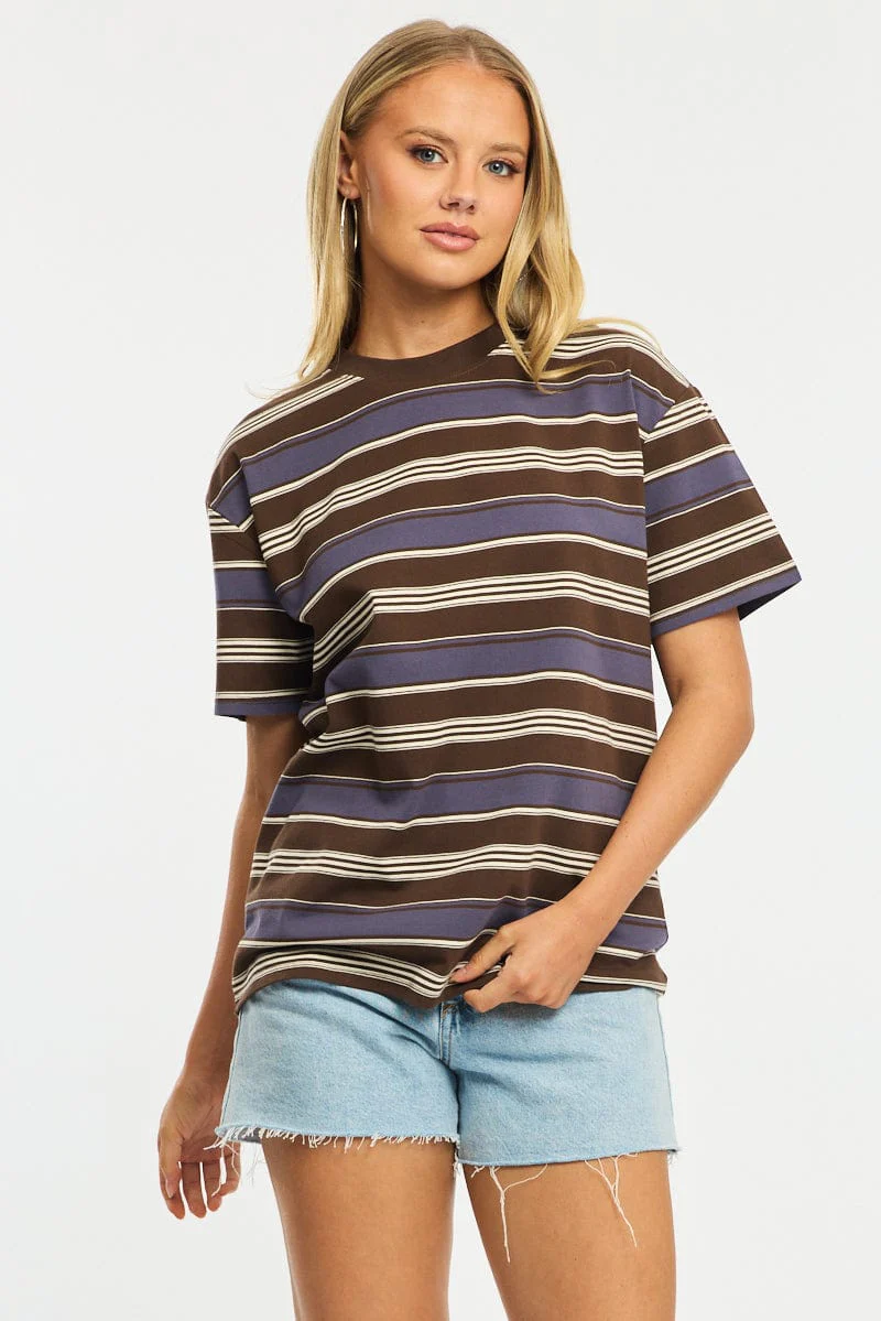 Brown Stripe Oversized Tee Short Sleeve