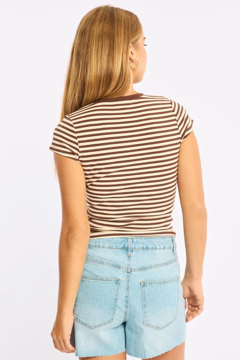 Brown Stripe Short Sleeve Stripe Ribbed T-shirt - Image 4