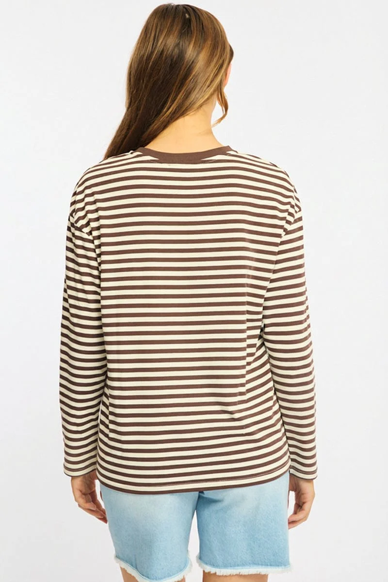 Brown Stripe Striped Top Crew Neck Long Sleeve - Image 4