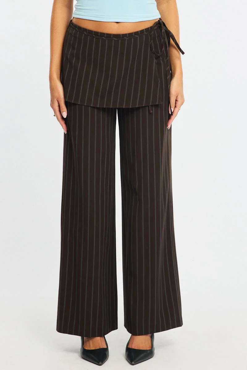 Brown Stripe Tie Detail Wrap Pants - Image 2