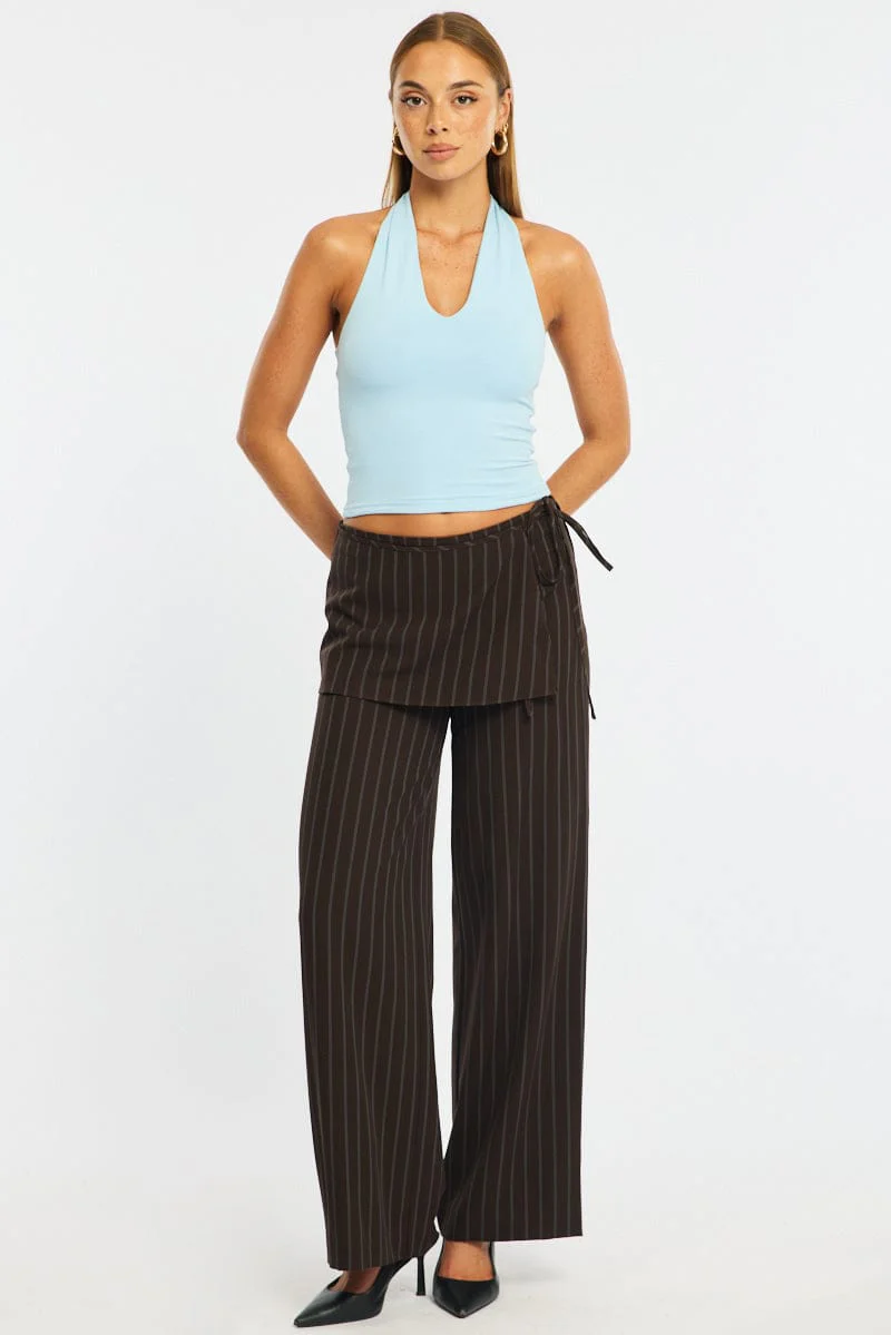 Brown Stripe Tie Detail Wrap Pants - Image 3