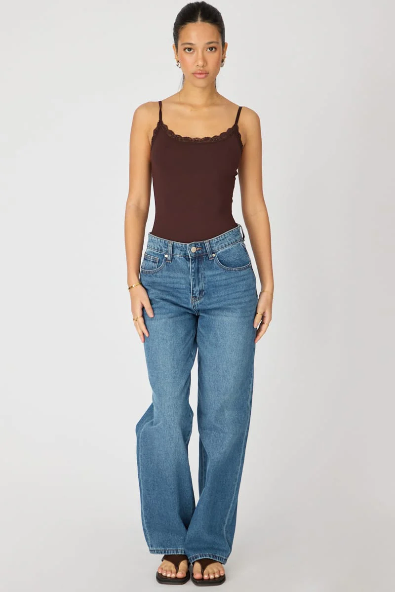 Brown Supersoft Bodysuit Singlet Vneck Lace Trim - Image 2