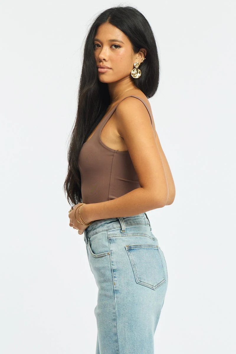 Brown Supersoft Bodysuit Square Neck Sleeveless - Image 3