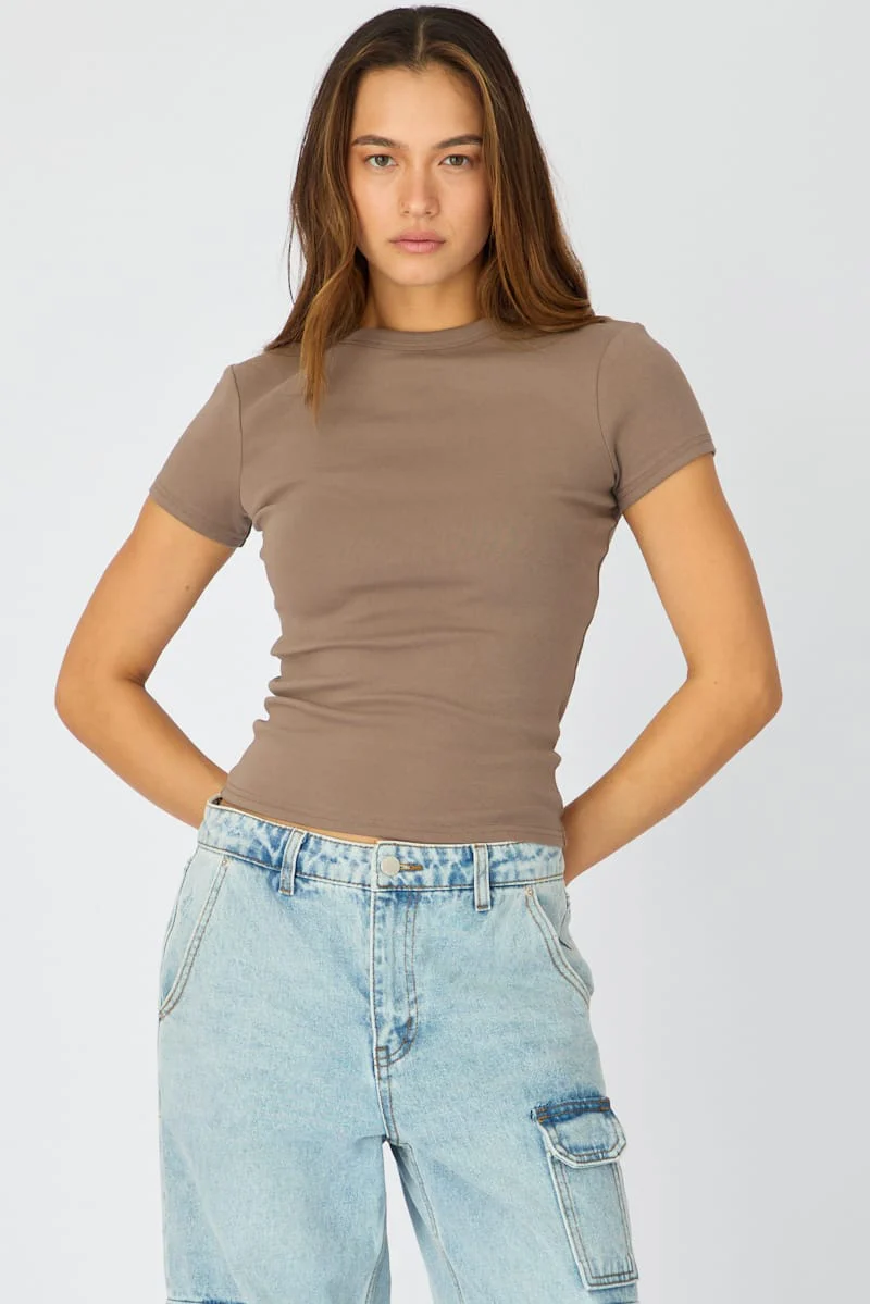 Brown T-shirt Short Sleeve Crew Neck - Image 3